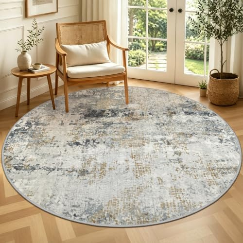 Capslpad Graugold Abstrakt Teppich Rund 160cm Moderner rutschfest Teppich Wohnzimmer Runder Hochflor Waschbar Rund Kurzflor Weich Runder Beige for Wohnzimmer Schlafzimmer Studie