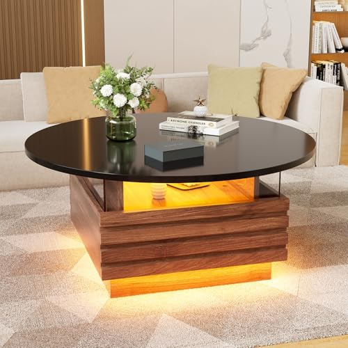 MSFE Runder Couchtisch mit LED Wohnzimmertisch mit 2 Schubladen Modern Sofatisch Runder Kaffeetisch mit Stauraum Couchtisch aus Holz & Gehärtetem Glas für das Wohnzimmer, Büro, Zuhause Ø 80cm x 40cmH