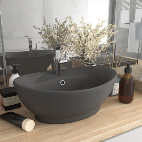 Lavabo ovale en céramique avec trop-plein et trou de robinet, gris foncé mat, dimensions 58,5 x 39 cm, pour salle de bain et buanderie