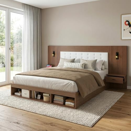 okwish Stauraumbett 180x200 mit Nachttischen, Leselicht & USB, Nussbaum | Doppelbett 180x200 cm mit Offene Ablagefächer, Versand in 3 Paketen, ohne Matratze