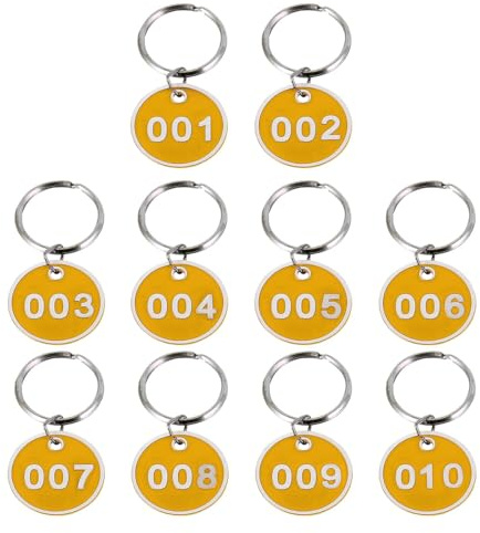 HYTROVE Étiquettes Porte-clés Numérotées en Métal Jaune, Pack de 10 Pièces, Étanches et Faciles à Utiliser pour Trousseau de Clés et Casiers en Intérieur