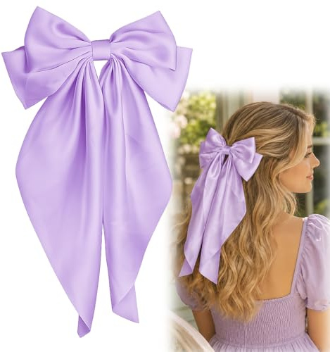 French Style Satin Ribbon Hair Bow with Tassel Tails - Oversized Bow Hair Accessory for Women & Girls, Metal Clip Barrette for Thick Curly Wedding Party Wear Daily Hairstyle Looks (Lilac Purple)