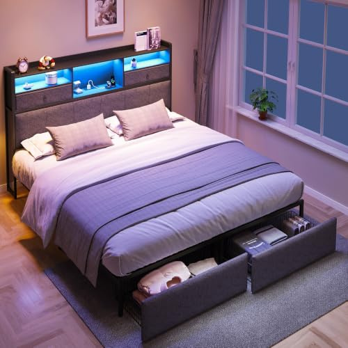 Luxstein Double Bed Frame 135×190 cm with LED Lights & Charging Station | Metal Bed Frame with Upholstered Headboard & 2 Storage Drawers, 2 Hidden Storage Compartments, Easy Assembly, Grey