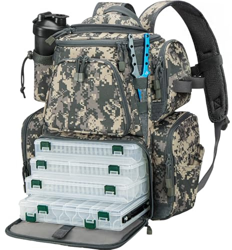 Piscifun Angelausrüstungs-Rucksack mit 4 Ablagen, große Outdoor-Aufbewahrungstasche mit schützendem Regenschutz, digitales Camouflage