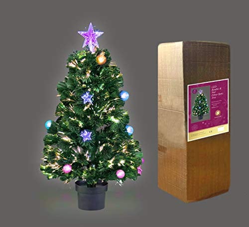 SHATCHI 2Ft/60cm Fibre Optic Christmas Topper-Baubles and Stars Decorations-Pre-Lit Green Artificial Xmas Tree-Multicolor Changing Lights, PVC, 60 cm