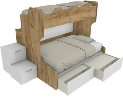 MOBILFINO CAMERETTE SMART120B - Etagenbett mit Ballettgestell Rückseite und Bett für französisches Bett mit Stufe - Eiche und Weiß, mit ausziehbaren Schubladen