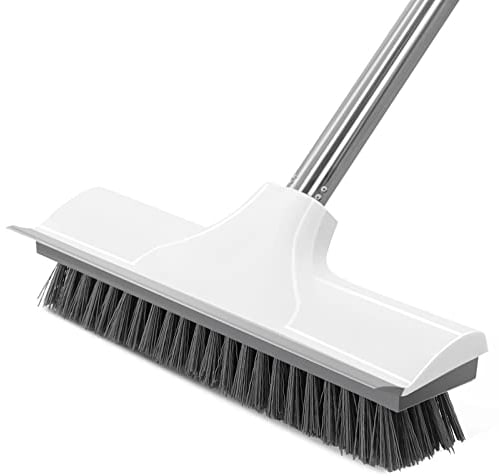 Newthinking Floor Scrubbing Brush with Long Handle, Heavy Duty Stiff Bristle Floor Brush with Squeegee for Cleaning Bathroom Deck Tile Patio, White