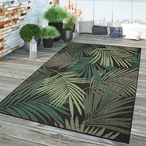 TT Home In-& Outdoor Teppich Wetterfest Balkon Küche Wohnzimmer Palmen Muster Modern, Farbe:Grün Schwarz, Größe:280x380 cm