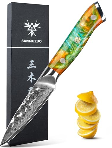 SANMUZUO Cuchillos puntilla de 9cm, Cuchillos para pelar de cocina profesional, Cuchillo de mechar damasco con Mango de resina - Serie YAO