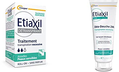 ETIAXIL - Détranspirant - Traitement Transpiration Excessive - Aisselles - Peaux Sensibles - 15 ml & Déo-Douche - Gel Douche Transpiration Excessive - Corps - Peaux sensibles - 200 ml