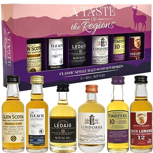 Select Drams A Taste of the Regions Whisky Tasting Set – 6 x 5cl Single Malt Scotch Miniatures | Includes Glen Scotia, Glen Moray 12 & More | Scotch Whisky Gift Set for Him | Malt Whisky Tasting Set