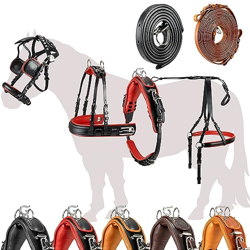Esposita Einspännergeschirr „ Professional “ Kutschgeschirr für Shetty, Pony und Pferd Geschirr für Minishetty bis XL Kaltblut Fahrgeschirr für Einspänner Schwarz-Rot Gr. Mini Shetty