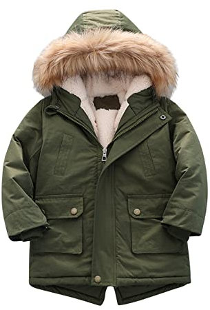 LOIJMK Cappotto da ragazzo, giacca foderata in pile Pu-ffer, spessi cappotti invernali con cappuccio, impermeabile Par-ka Capispalla Giacche per bambini, verde, 3-4 Anni