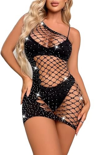 ohmydear - Conjunto de lencería para mujer, diseño de diamante y rejilla, ropa interior sexy Babydoll Fishnet, camisón de alta elasticidad Bodystockings erótico, vestido transparente, Negro/1., XS-M