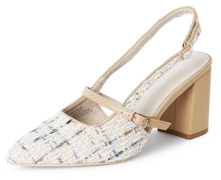J. Adams Women's Tweed Pointed Toe Block Heel Slingback Pumps - Stylish and Comfortable Mary Jane Heels, Nude, 6 UK