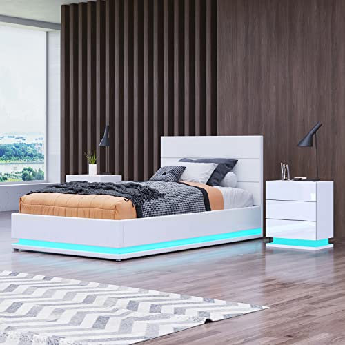 Gas Lift Ottoman Storage Bed,4FT6 Double Bed Frame with Storage, Ottoman Bed with LED Lights, Faux Leather (White, Double)