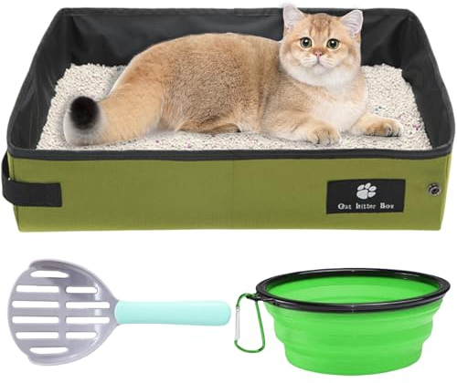 Arenero plegable para gatos, 40 x 30 cm, caja de arena portátil para viajes, caja de arena portátil, resistente al agua, con 1 cuenco plegable y 1 pala (verde)