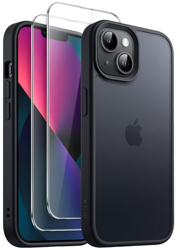 JETech 3 in 1 Matte Case for iPhone 13 6.1-Inch with 2-Pack Tempered Glass Screen Protector, Translucent Frosted Shockproof Phone Cover (Black)