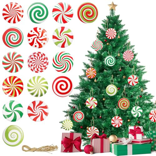Minicoco 16Pcs Christmas Candy Ornaments, Acrylic Hanging Peppermint Candy Ornaments for Xmas Tree and Porch Decor