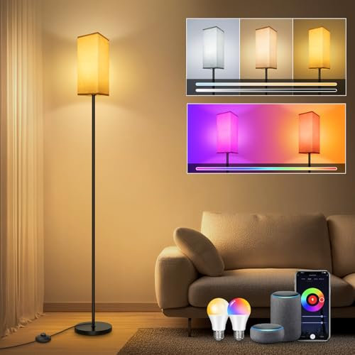 LED Stehlampe,WIFI RGBCW Stehlampe Wohnzimmer,9W E27 Dimmbar Stehlampe,Stehleuchte mit APP,Arbeiten Sie mit Alexa & Google Assistant,DIY-Modus,Musikmodus & Timing-Funktion (Gelb, Fußschalter)