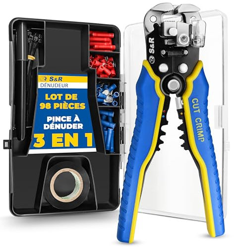 S&R Pinza Spelafili Automatica 5 in 1 – Set 98 Pezzi: Crimpatrice, Taglierino, 70 Morsetti Isolati, 25 Fascette, Nastro Isolante e Pennarello – Strumento Multifunzionale per Professionisti e Fai da Te