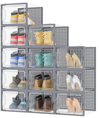 Shoe Storage Box, 12 pcs Stackable Shoe Boxes Clear Plastic Fit UK 12, Grey | Shoe Organizer Shoe Containers with Lids for Women/Men