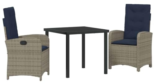 PUGYNBK Garten Essgruppe mit Kissen 3-teilig Grau Poly-Rattan, Tischgruppe mit Glasplatte und verstellbaren Rückenlehnen für Terrasse