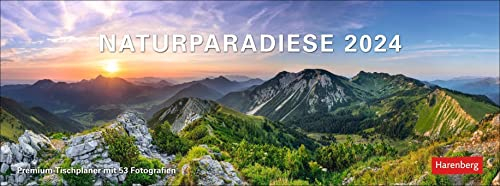 Naturparadiese Premium-Tischplaner 2024. Tischkalender 2024 mit Spiralbindung. Kalender zum Umklappen mit 53 atemberaubenden Lanschafts-Fotografien. 29 x 11 cm: Wochenkalender mit 53 Fotografien