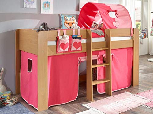 Froschkönig24 Hochbett ANDI 2 Kinderbett Spielbett halbhohes Bett Buche Stoffset Pink/Rosa