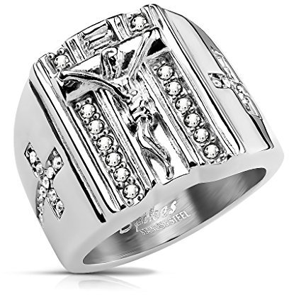 Autiga Herrenring Edelstahl Herren Ring Jesus Kreuz Cross Zirkonia Männer Silber 70 - Ø 22,20 mm
