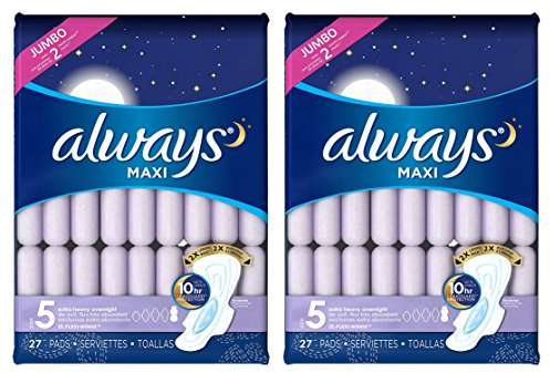 Always Maxi, Größe 5, extra schwere Übernachtungseinlagen mit flexiblen Flügeln, geruchlos, 27 Stück (2 Packungen mit 27 Stück, so dass Sie insgesamt 54 Einlagen erhalten.) Jumbo-Packung über 4 Monate