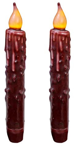 CVHOMEDECO. Real Wax Hand Dipped Battery Operated LED Timer Taper Candles Country Primitive Flameless Lights Décor, 6.75 Inch, Burgundy, 2 PCS in a Package