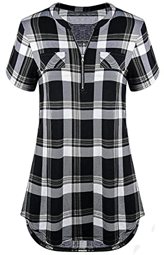 Odosalii Women's Plaid Tunic Blouse with Zip Up V Neck and Floral Print, Long/Short Sleeve Polo Top