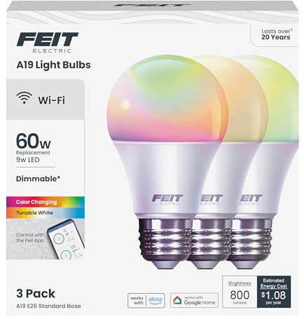 Feit Electric OM60/RGBW/CA/AG/3 60 Watt Equivalent WiFi Color Changing and Tunable White, Dimmable, No Hub Required, Alexa or Google Assistant A19 LED Smart Light Bulb, 3-Pack, Rgbw Multicolor, 60W