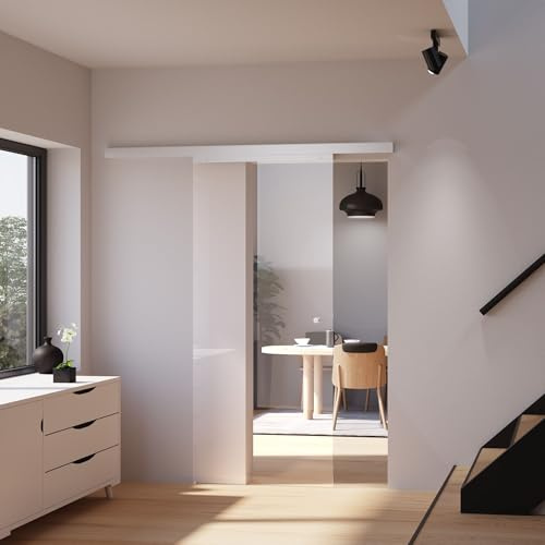 inova Glas-Schiebetür 755 x 2035 mm Klarglas Alu Komplettset mit Lauf-Schiene und Griffknopf inkl. beidseitigem Softclose