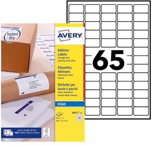 Avery - Pochette de 975 Mini Étiquettes Adresses Blanches 38,1 x 21,2 mm Jet d'Encre (J8651-15) Avery