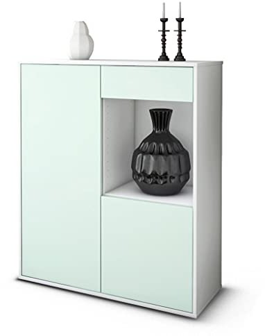 Stil.Zeit Highboard Lena, Korpus Weiss matt, Front Farb-Design Eisblau (92x108x35cm), Push-to-Open Technik & Leichtlaufschienen