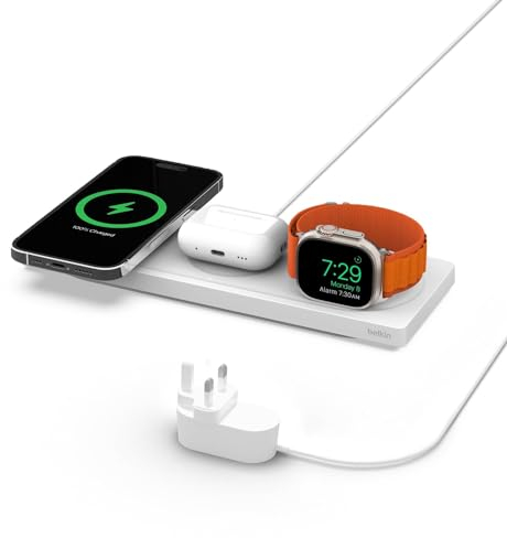Belkin MagSafe Charger, 3 in 1 wireless charging station, MFi Certified Travel Pad for iPhone 16, 15, 14, 13, 12 Series, Apple Watch 10, 9, 8, 7, SE, Ultra and Older, AirPods 2, AirPods, AirPods Pro