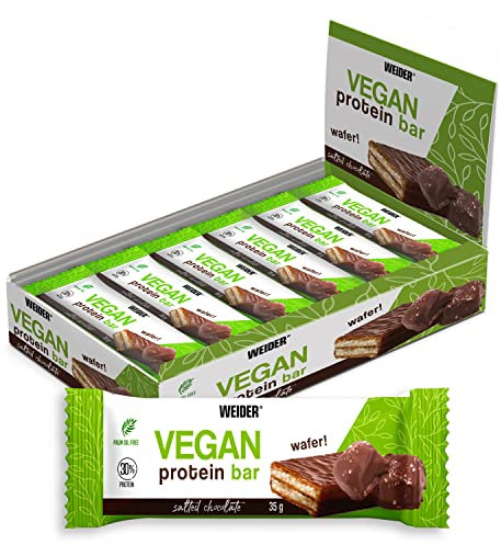 Weider Vegan Protein Bar (12x35g) Salted Chocolate Flavour. 100% Vegan Wafer Bar with 30% Pea and Rice Proteins, Crispy and Coated with Dark Chocolate. Palm oil free