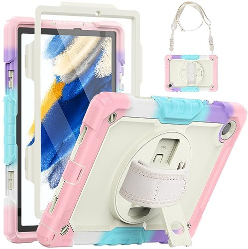 SEYMCY Kids Case for Samsung Galaxy Tab A8 10.5 Inch 2022/2021, Full-body Shockproof with 360° Rotating Hand Strap & Stand, Screen Protector, Carrying Strap for Samsung A8 Tablet Case, Pink