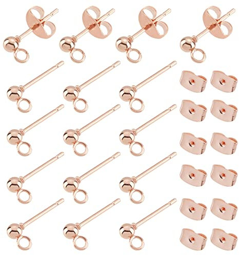 UNICRAFTALE 30 Pcs Or Rose Boule Boucles d'oreilles Conclusions 304 Boucles d'oreilles en Acier Inoxydable Boule Ronde Post Boucles d'oreilles Boule Boucle d'oreille Composants avec Boucle et Écrous