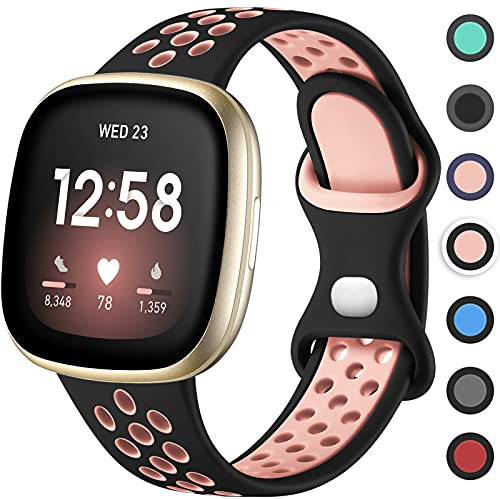 Upeak Sportarmband Kompatibel mit Fitbit Versa 3 Armband/Versa 4 Armband/Fitbit Sense Armband/Sense 2 Armband, Atmungsaktiv Silikon Doppelloch Schnappschnalle Ersatzband, Groß, Schwarz/Rosa
