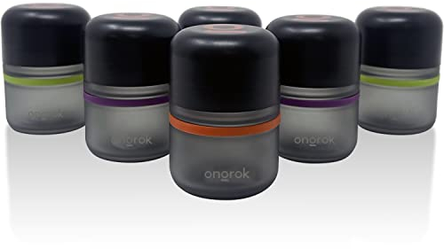 ONGROK Glass Storage Jar, 80ml, 6 Pack, UV Herb/Spice Jar with Child Resistant Lid, Color-Coded Glass Containers Air Proof to Preserve Smell and Aroma, Perfect Size to Store in a Drawer or Cupboard