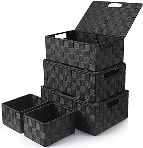 Uvellgift Boite Rangement 34cm, 5 Paniers de Rangement avec Couvercle, Paniers et Boîtes pour Rangement Organisateur de Salle de Bains/Chambre/Cuisine/Étagères/Cosmétiques/Papier Toilette (Noir)