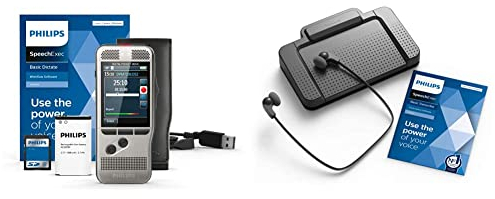 Philips DPM7200 Digitales Diktiergerät, Bedienung per Schiebeschalter, 2 Mikrofone für ausgez. Stereo-Tonaufnahmen & LFH7177/06 Wiedergabe-Set, ergonomischer USB-Fußschalter ACC2330