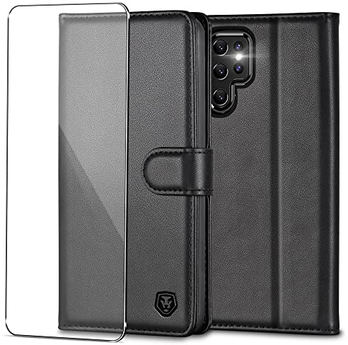 Handyhülle für Samsung Galaxy S22 Ultra Hülle mit Schutzfolie Premium Leder S22 Ultra Klapphülle Brieftasche Kartenfach Ständer Magnet Handytasche Case Schutzhülle für Samsung S22 Ultra 5G - Schwarz