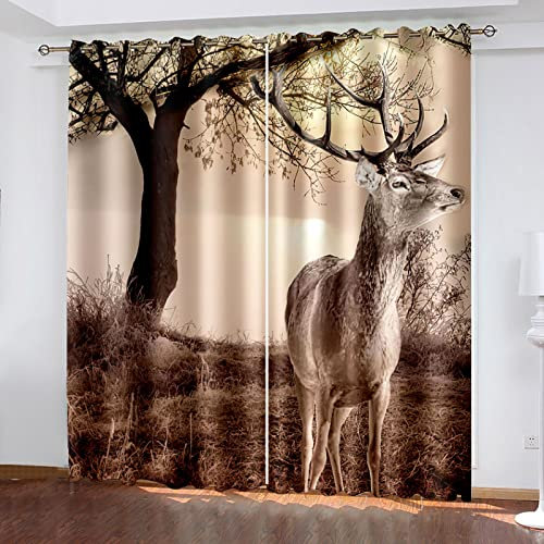 HOUKAI Vorhänge Mit Ösen 2Er Set 3D Baum Hirsche Tier Vorhänge Muster Vorhang Blickdicht 140x200 cm Verdunkelung Drucken Verdunklungsvorhänge 2Er Set Für Deko Wohnzimmer Modern Schlafzimmer