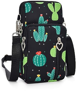 LTLSZRN Handytasche zum Umhängen,Handy Umhängetasche,Geldbörse Brieftasche,Nylon Kleine Umhängetasche mit Kopfhörer Eingang, Crossbody Schultertasche,Schultertasche für Handy unter 7 zoll(Kaktus)