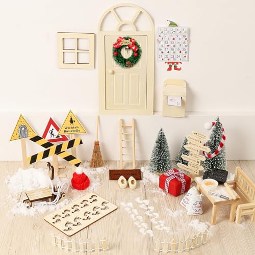 56PCS Wichteltür Zubehör Weihnachten, Wichtel Tür Im Dunkeln Leuchten, BaustellAe, Adventskalender, Backset, Schlitten, Briefkasten, Tisch, Stühle, Weihnachts Wichtelhaus Bastelset Feentür Made China