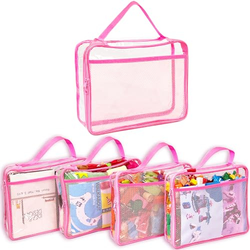 Toy Zippered Blocks Set Storage Bags for boy girls - 4PC Large PVC Storage Organizer Bags with Mesh Side Pockets for Puzzle, Clay, Book, Small Models and Mini Plush Toys, L: 9”x3”x11.8” (Pink)